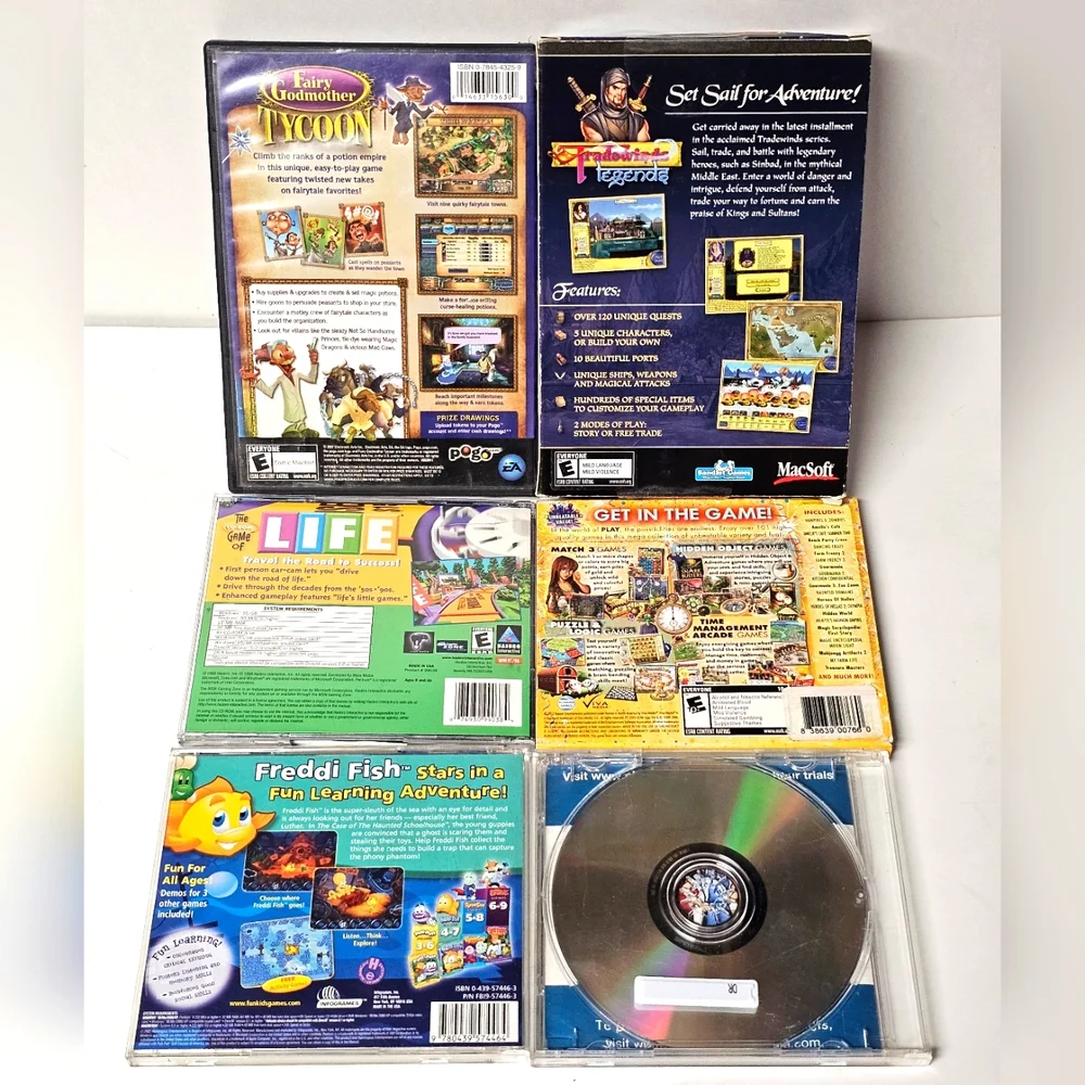 PC CD-ROM Lot of 6 Games (LIFE, Tycoon, Tradewinds, 101 Games, Freddie Fish, Et)